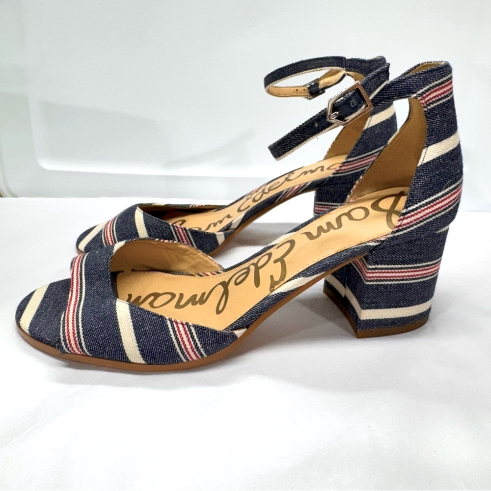 Sam Edelman Navy Blue Striped Ankle Strap Block Heel Sandals